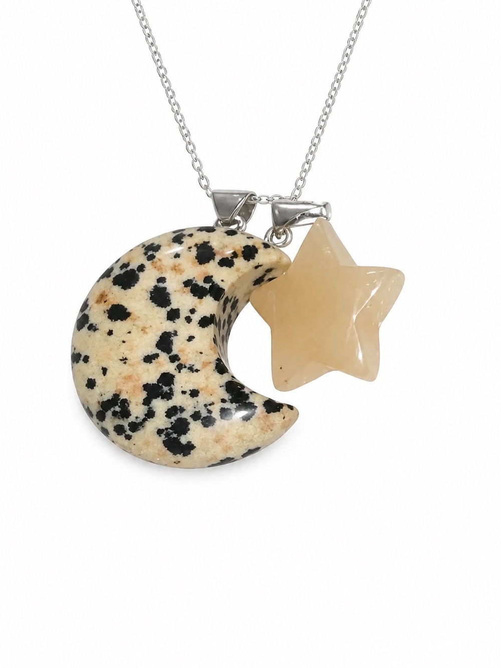 Boho hippie Dalmatian Jasper Moon & Aventurine Star Sterling Silver 16” Necklace